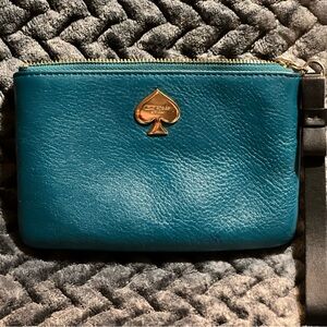 Kate Spade Teal Leather Wristlet with Gold Accent & Bow Detail on Strap.